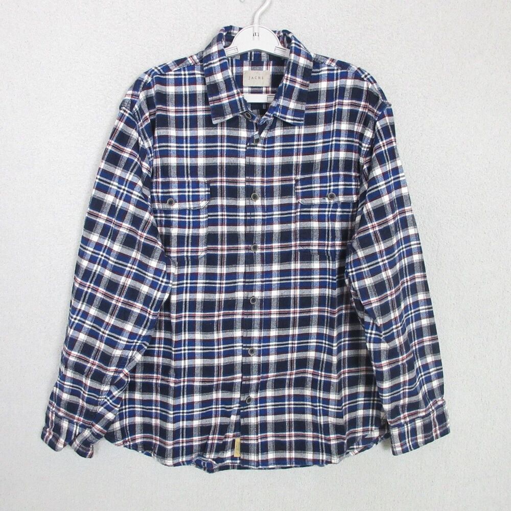 JACHS Shirt‎ Mens 2XL Blue White Red Plaid Flannel Long Sleeve Casual Button Up